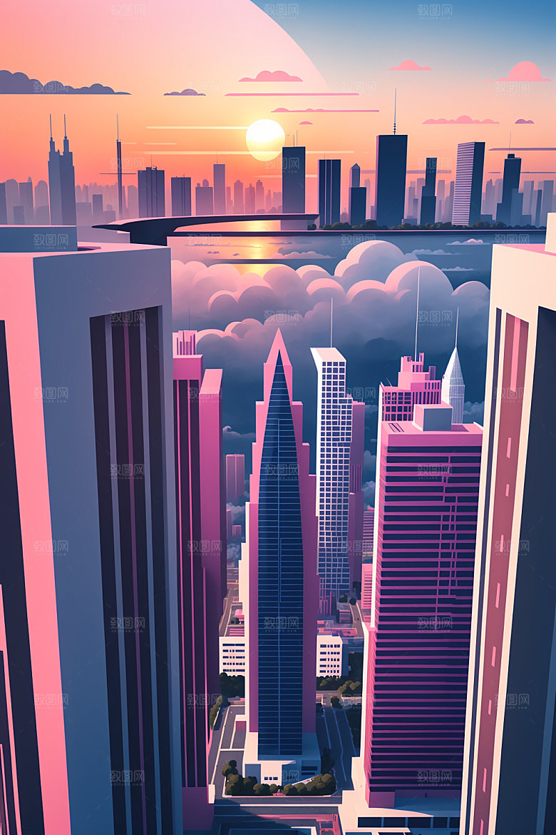 城市摩天大楼地标插画