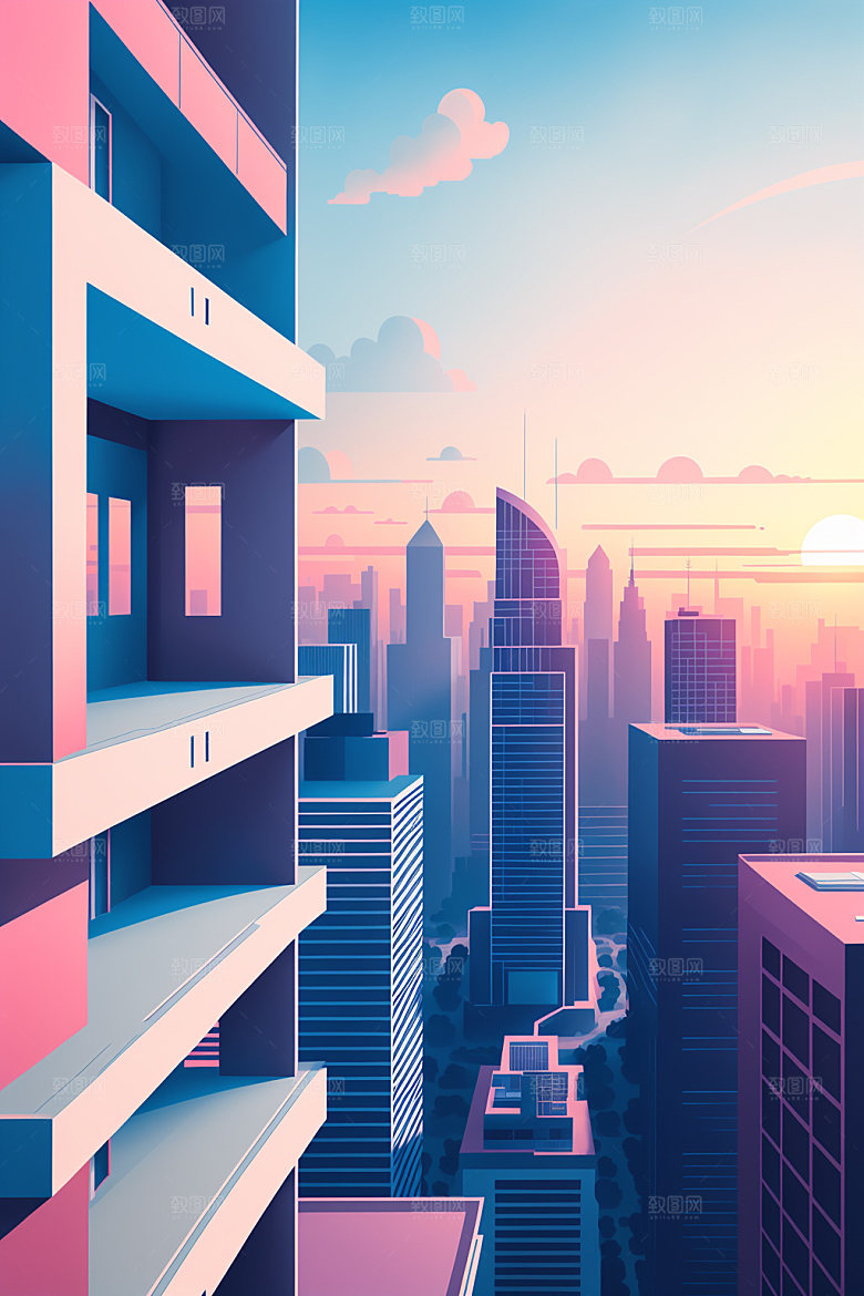 城市地标美式插画