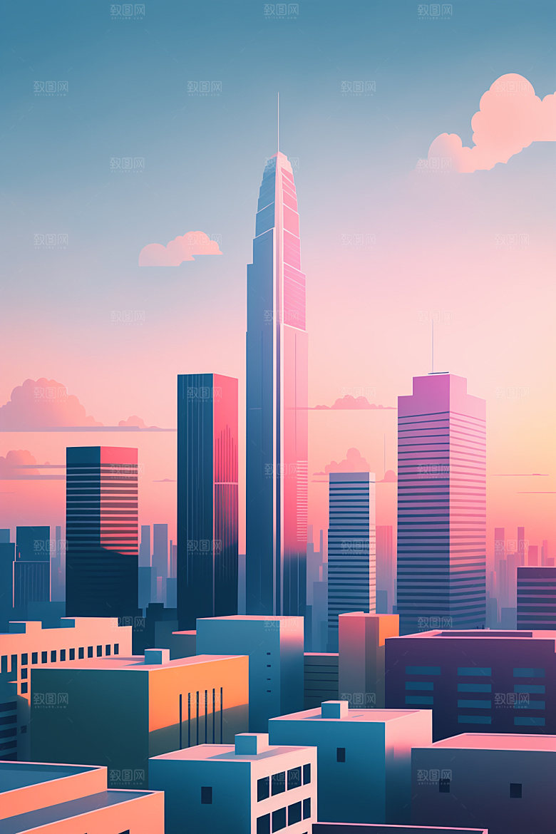 城市扁平风美式插画