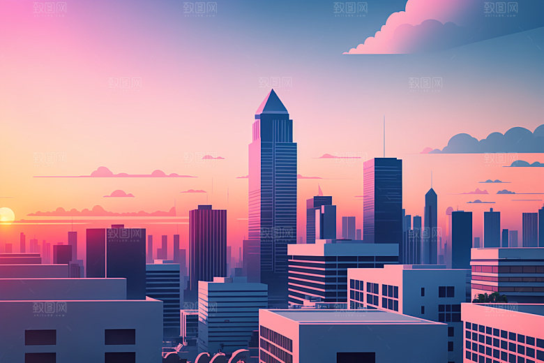 城市地标美式插画