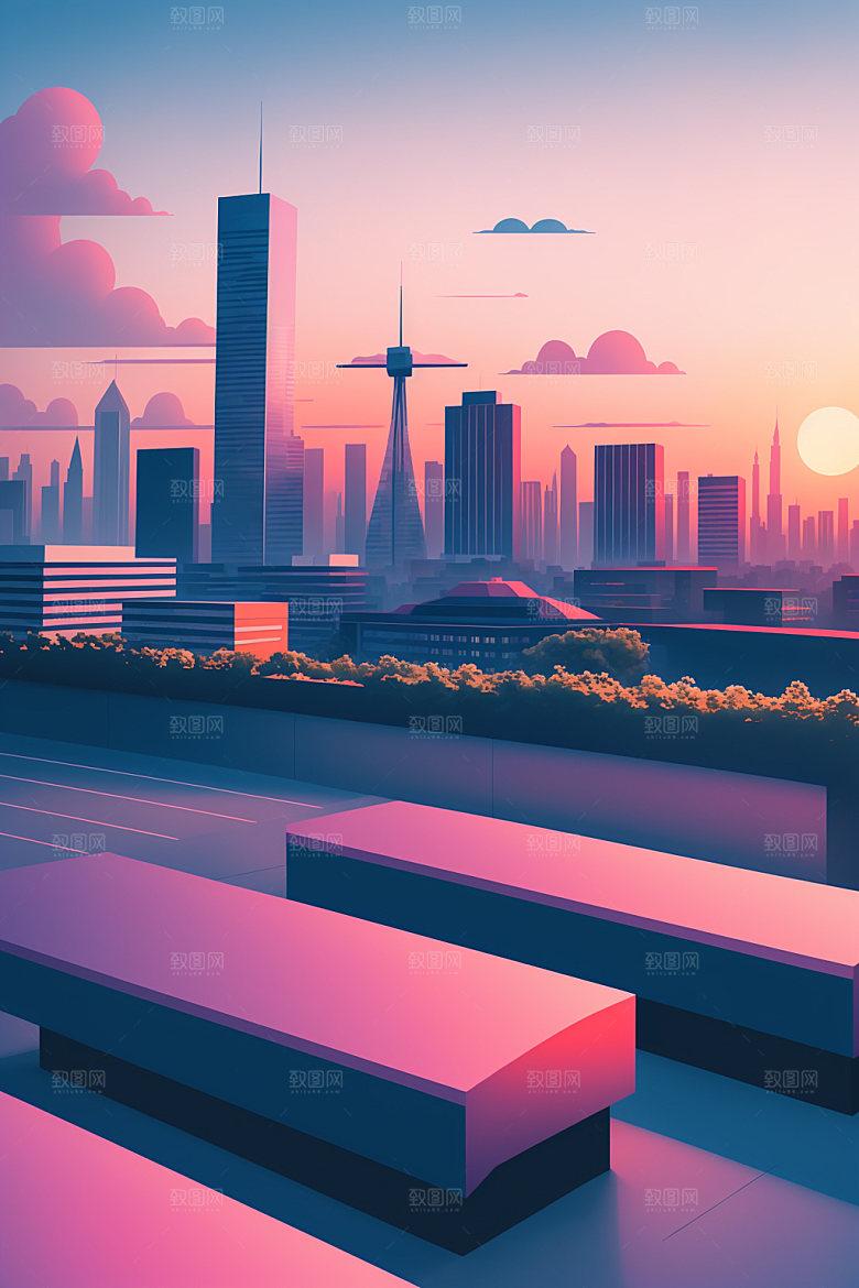 城市摩天大楼艺术插画