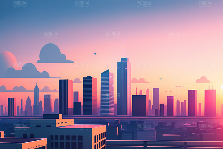 城市摩天大楼美式插画