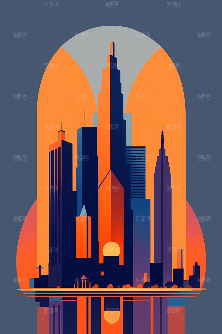 城市地标楼房插画