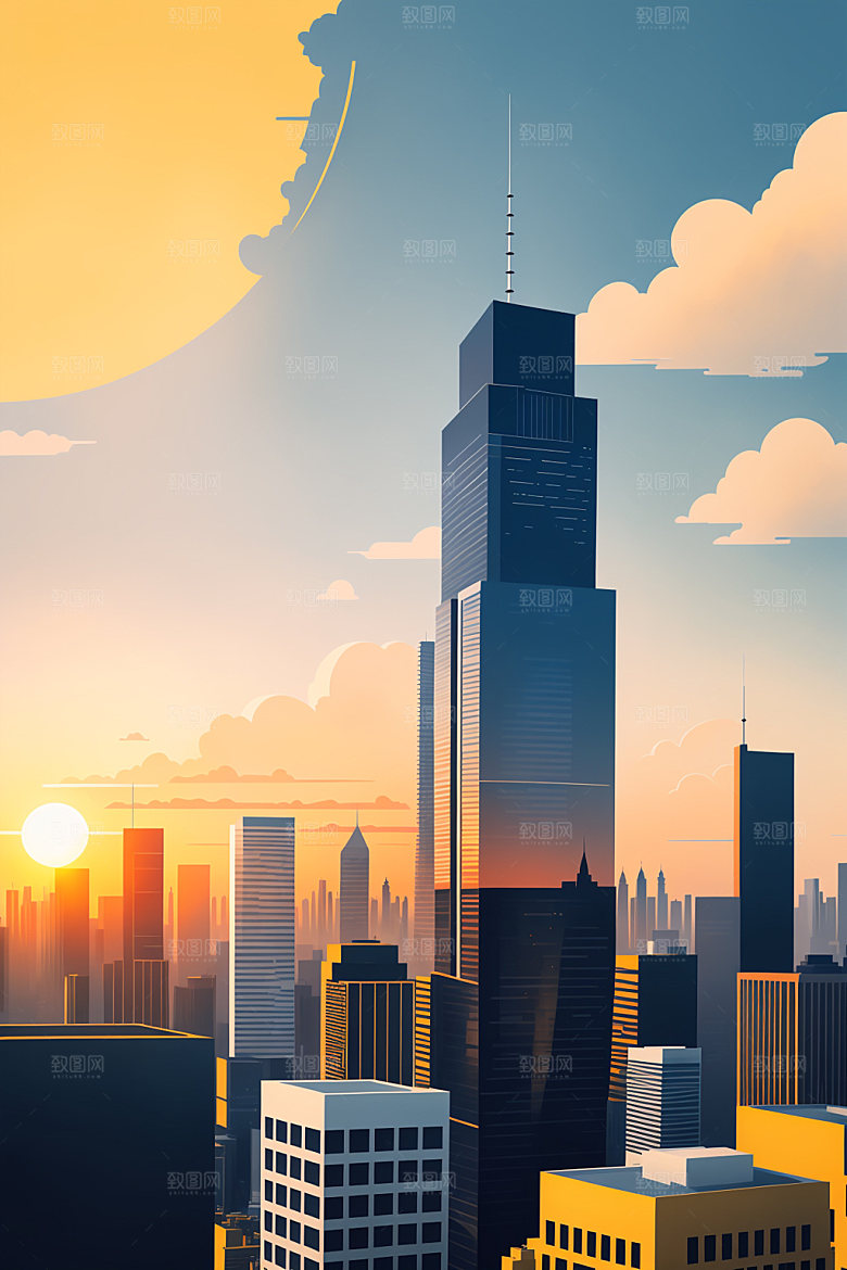 城市摩天大楼地标插画
