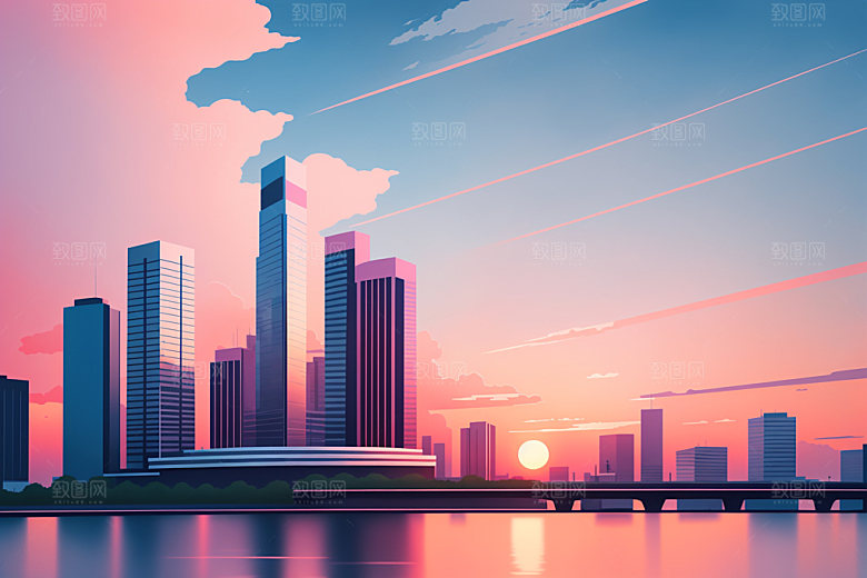 城市扁平风摩天大楼插画