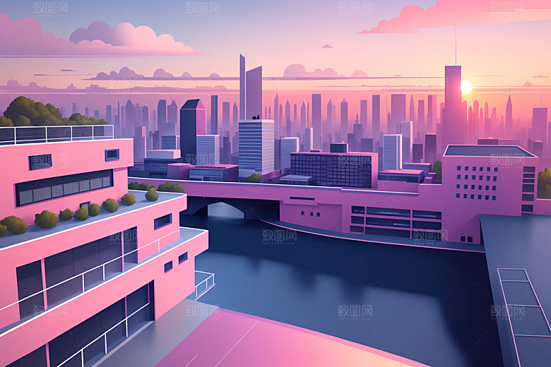 城市大厦美式插画