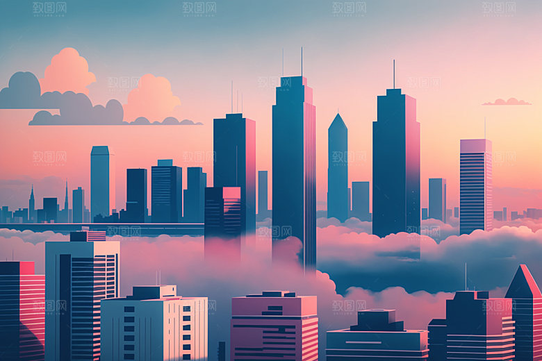 城市大厦美式插画