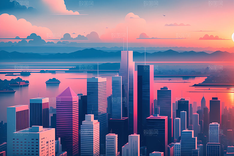 城市摩天大楼地标插画