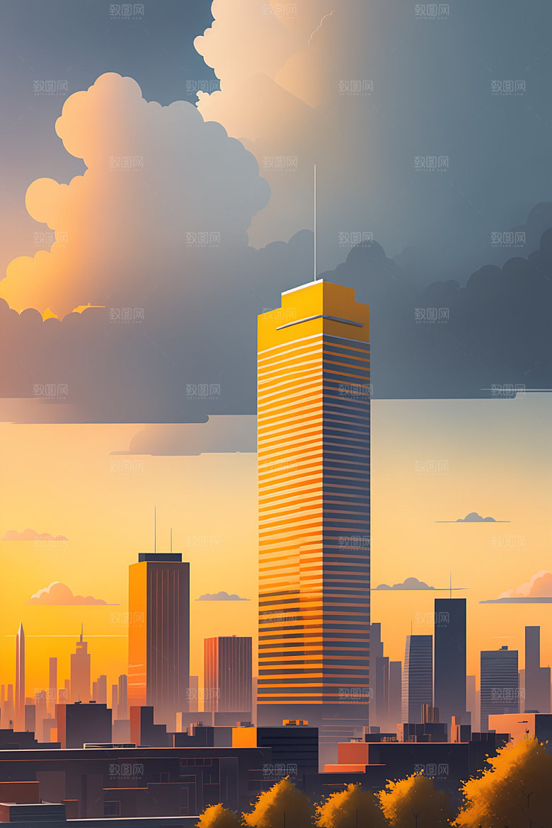 城市扁平风美式插画
