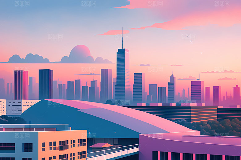 城市楼房美式插画