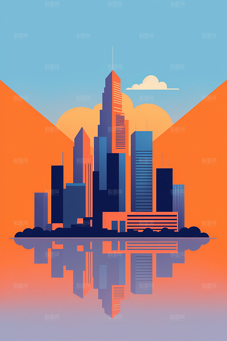 城市美式楼房插画
