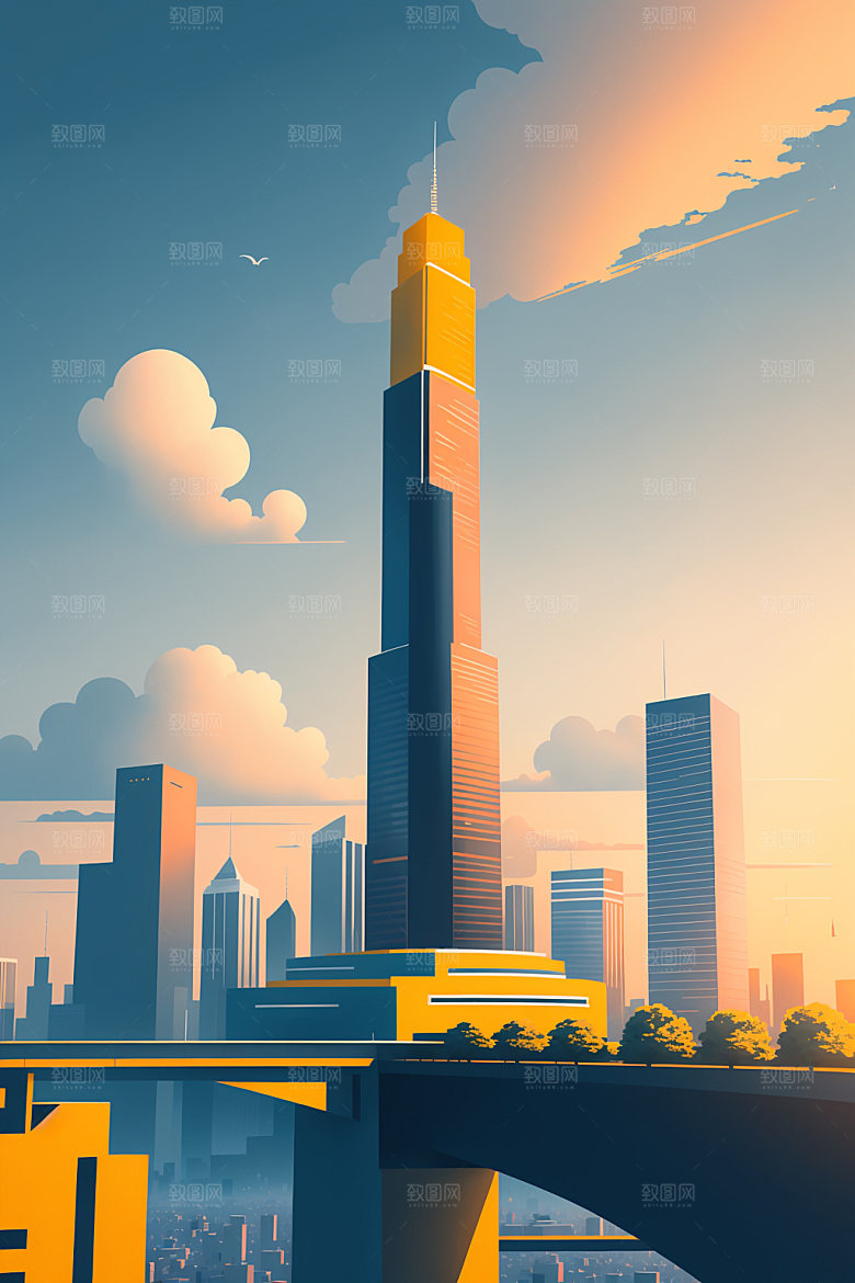 城市地标美式插画