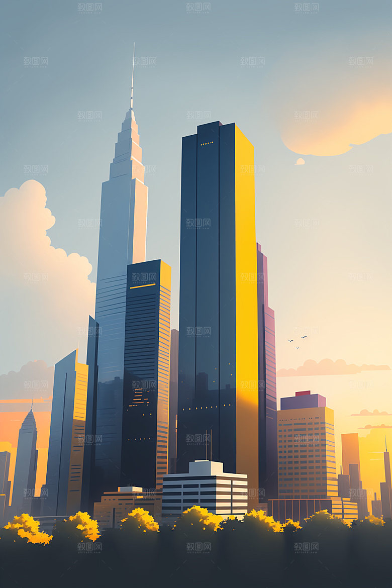 城市大厦美式插画
