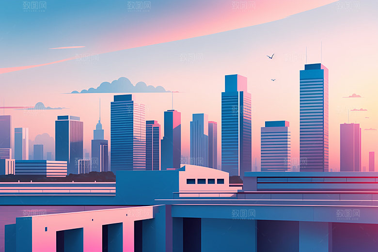 城市大厦美式插画