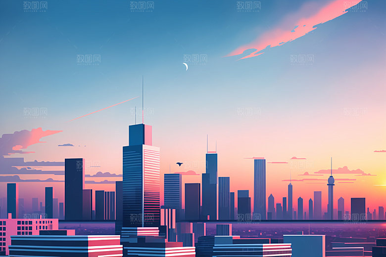 城市美式摩天大楼插画