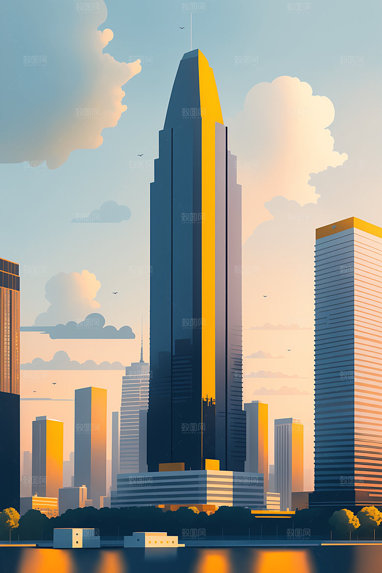 城市美式大厦插画