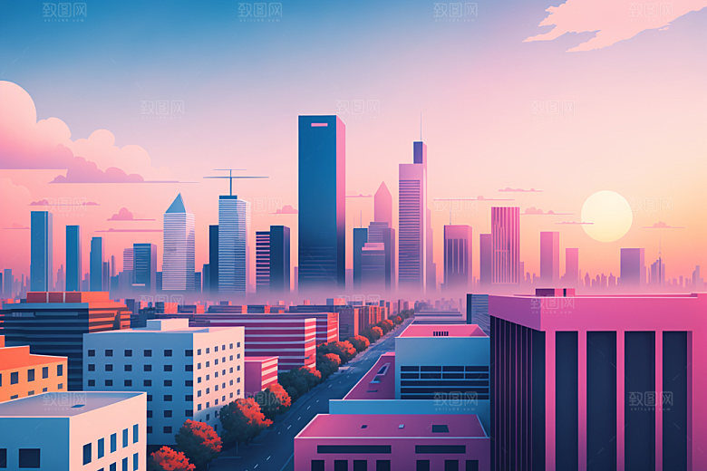 城市楼房扁平风插画