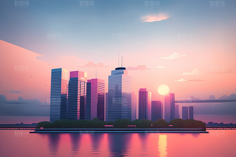 城市摩天大楼美式插画
