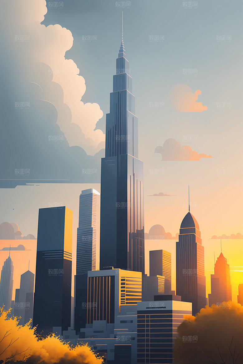 城市地标美式插画