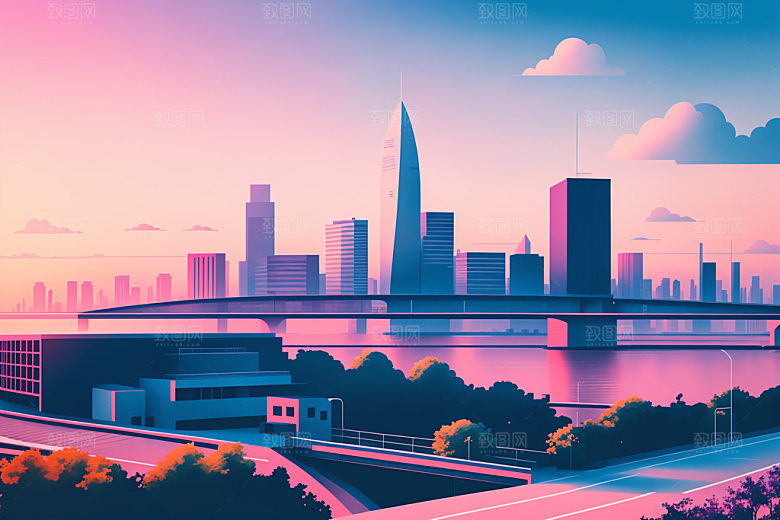 城市摩天大楼扁平风插画
