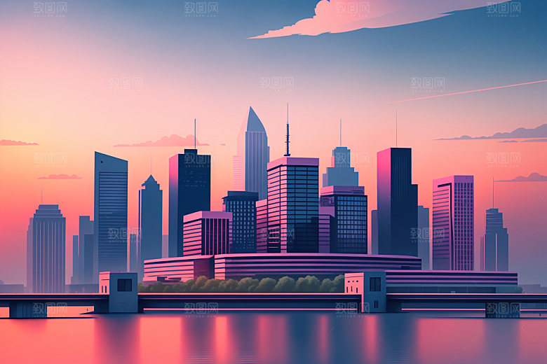 城市美式大厦插画