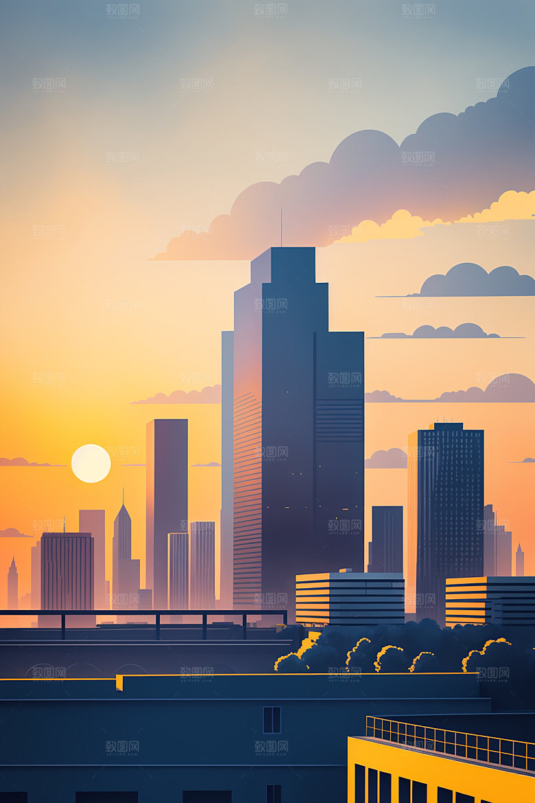 城市楼房美式插画