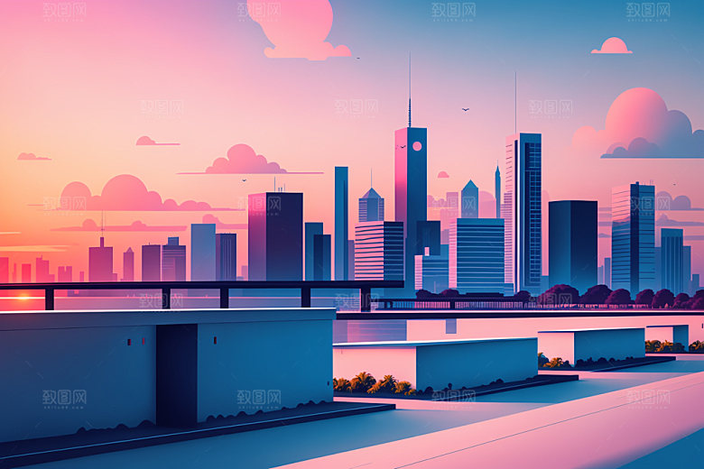 城市美式大厦插画