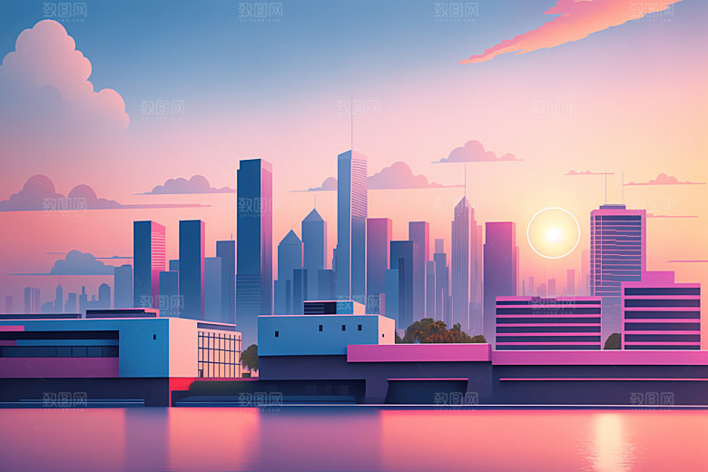 城市美式摩天大楼插画