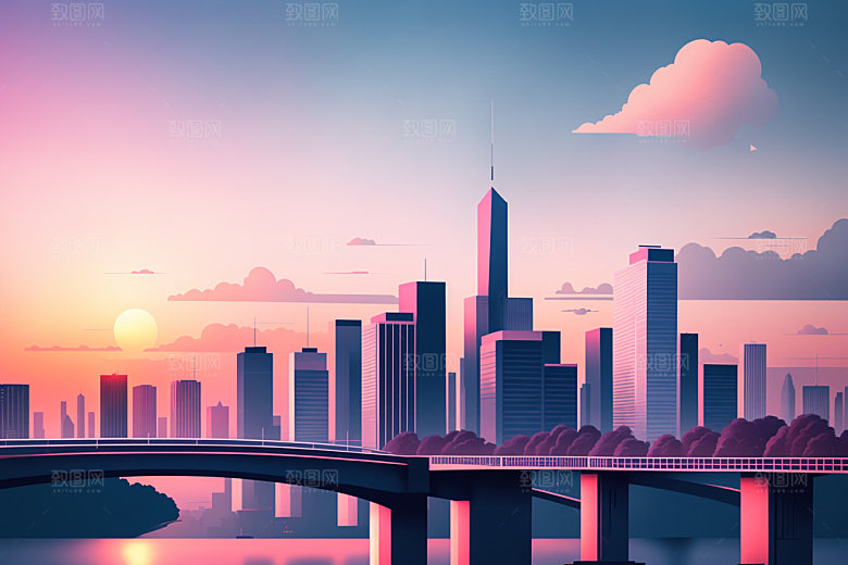 城市楼房美式插画