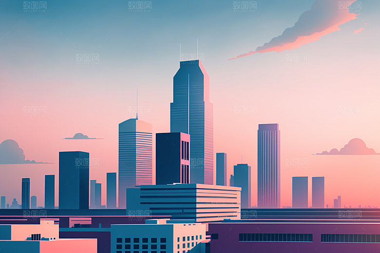 城市摩天大楼美式插画