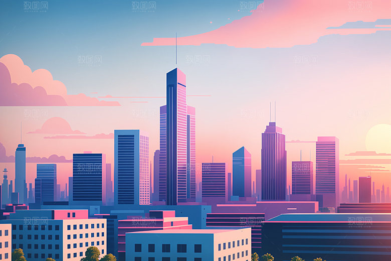城市扁平风大厦插画