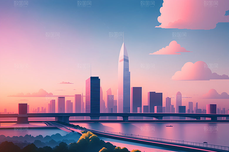 城市扁平风摩天大楼插画