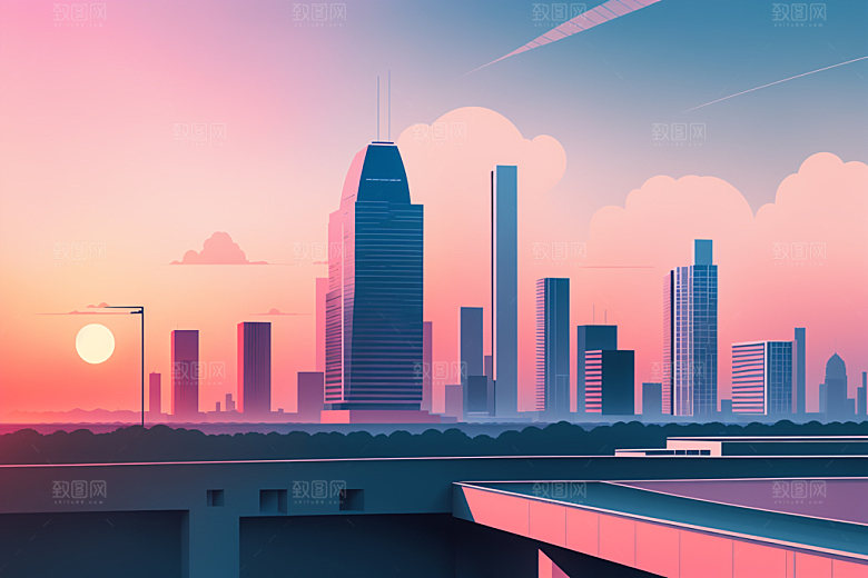 城市地标美式插画