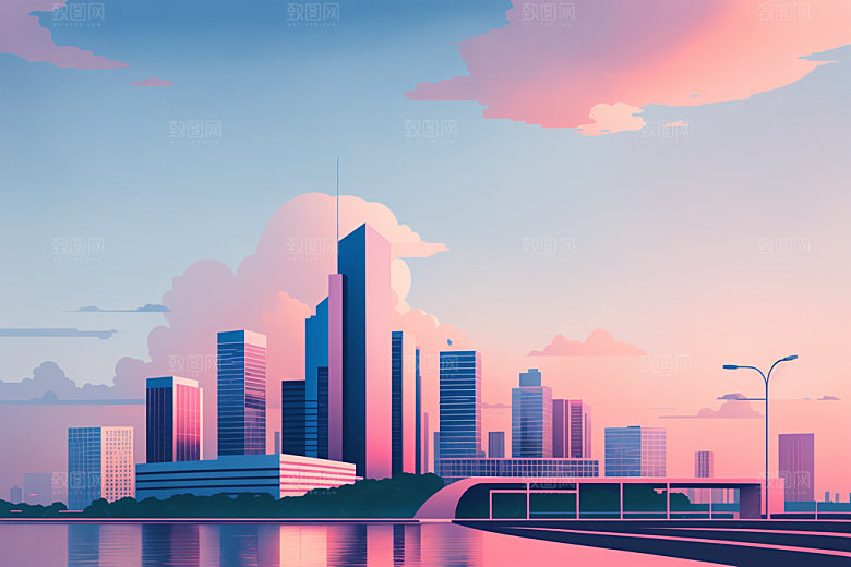 城市美式摩天大楼插画