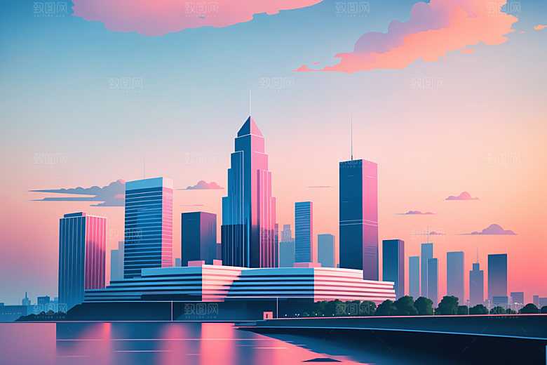 城市美式摩天大楼插画