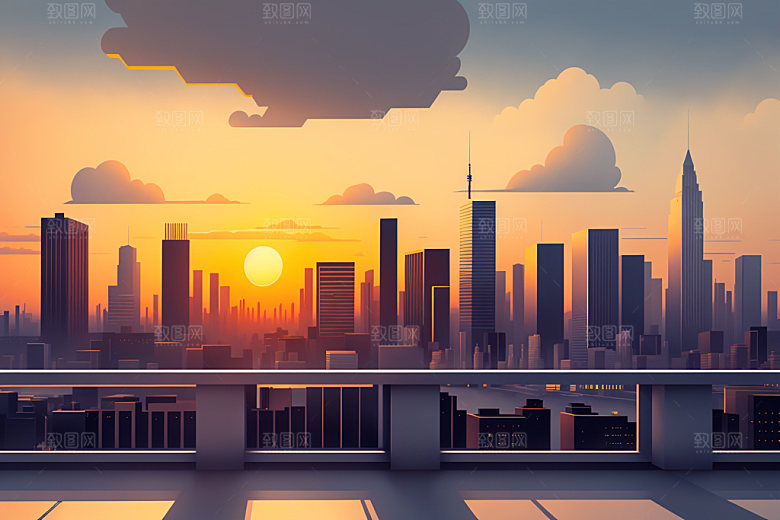 城市摩天大楼美式插画