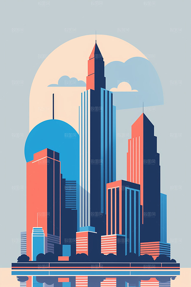 城市楼房美式插画