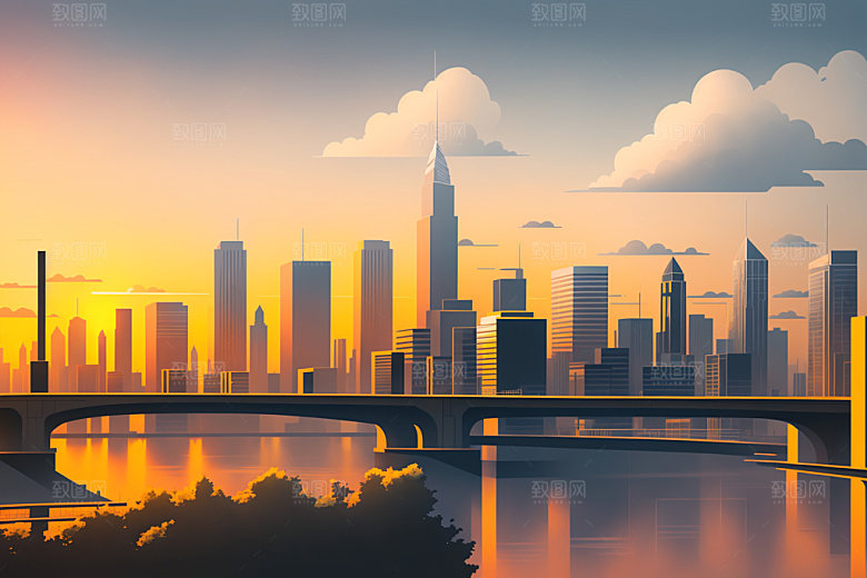 城市地标楼房插画