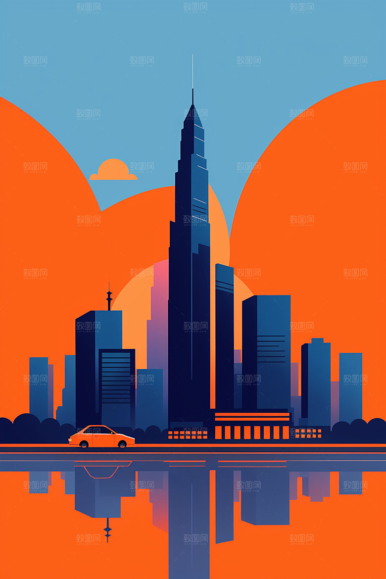城市美式楼房插画