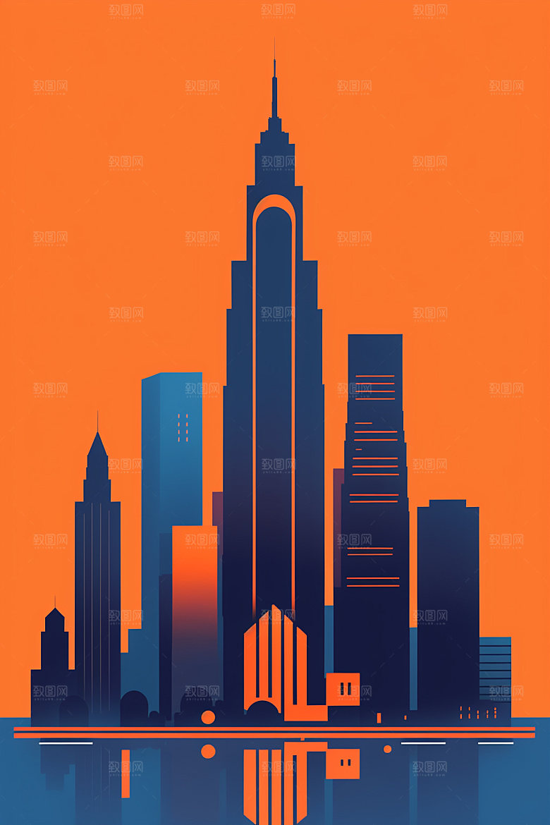 城市美式摩天大楼插画