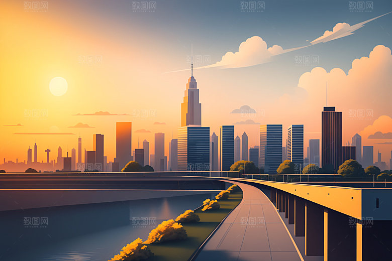 城市地标扁平风插画