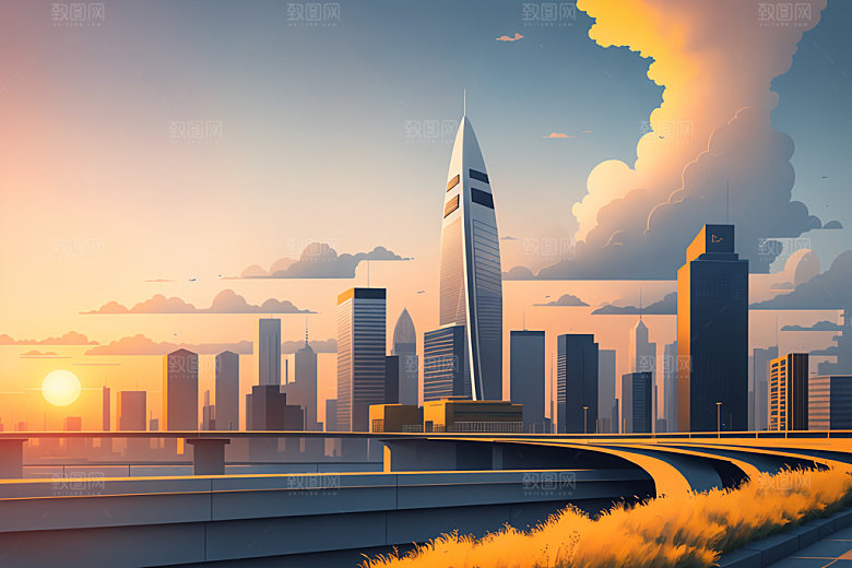 城市美式大厦插画
