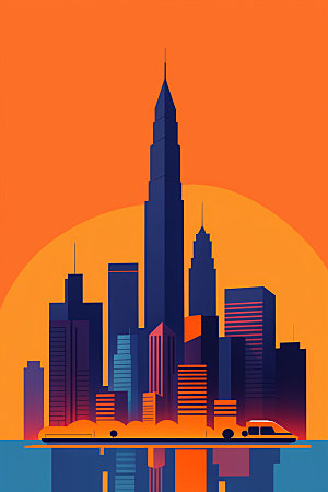 城市楼房美式插画