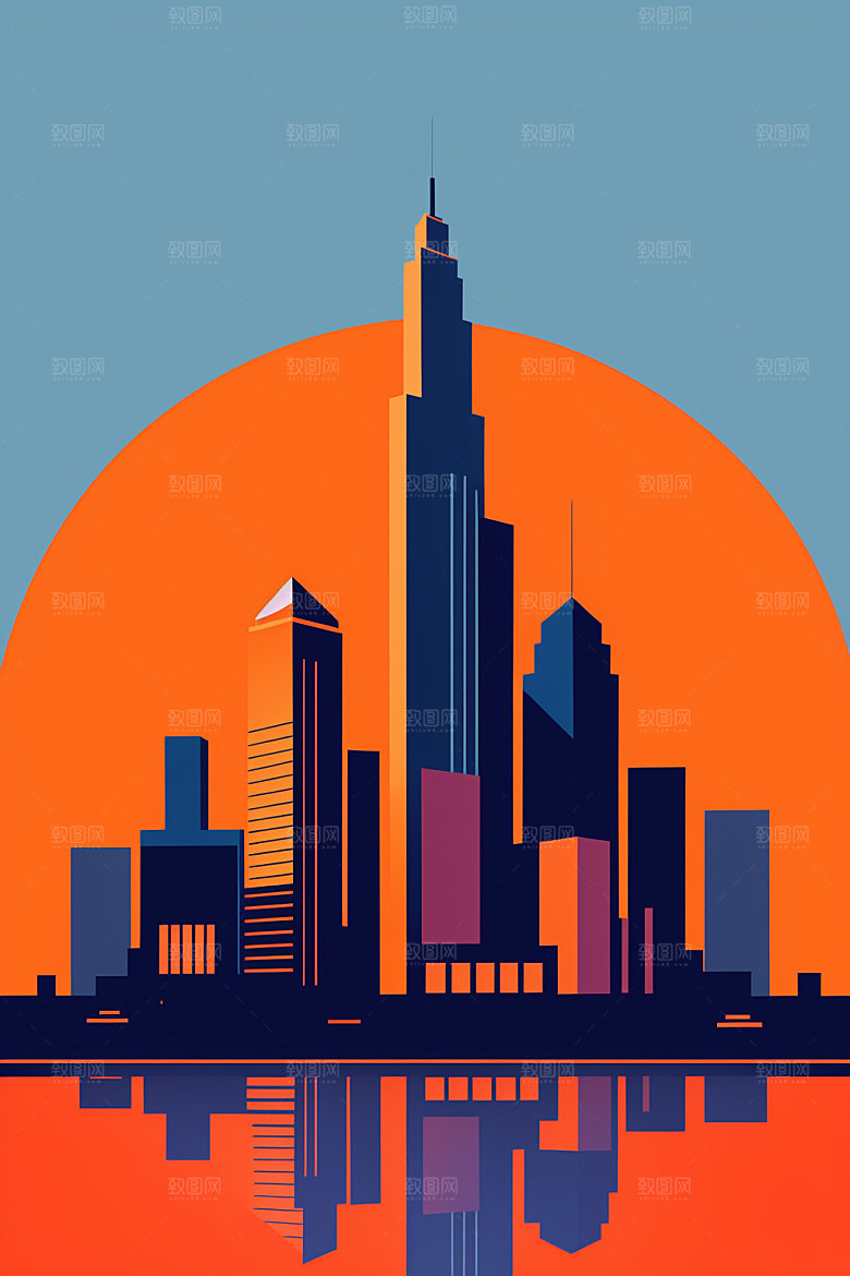 城市楼房美式插画