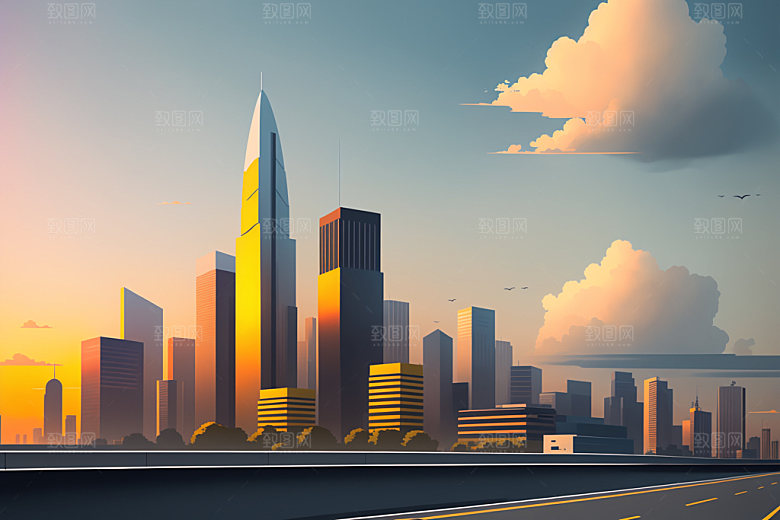 城市美式摩天大楼插画