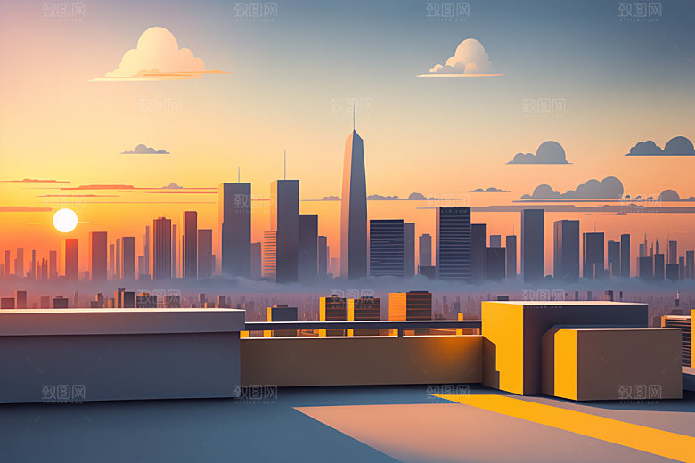 城市摩天大楼美式插画