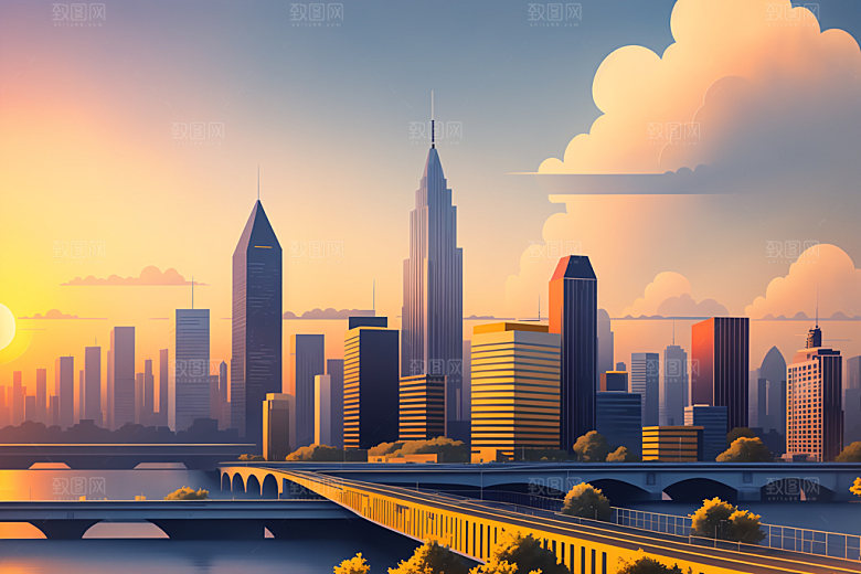 城市楼房扁平风插画