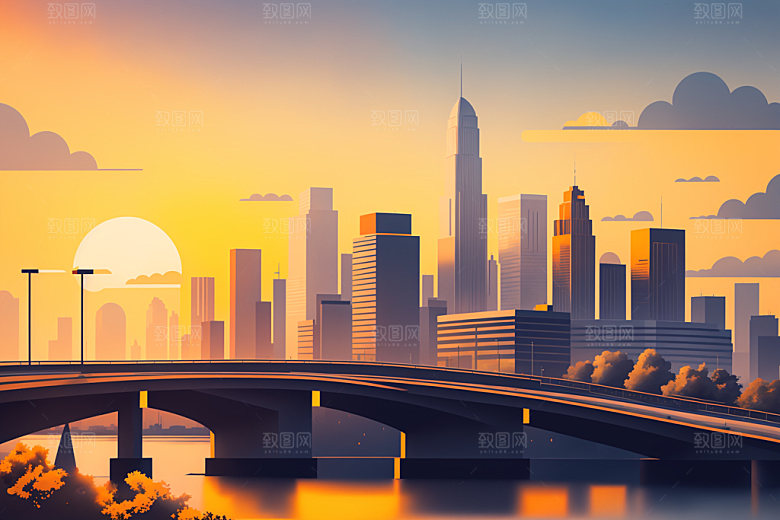 城市地标美式插画