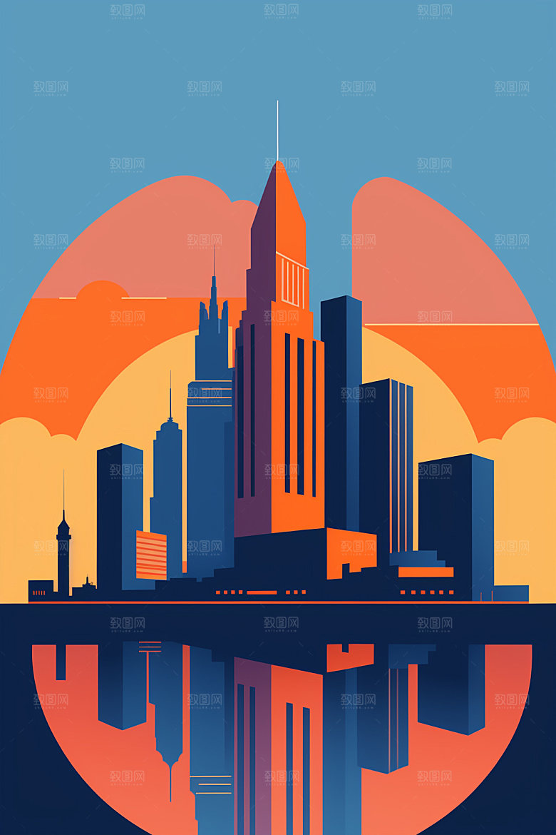 城市楼房美式插画