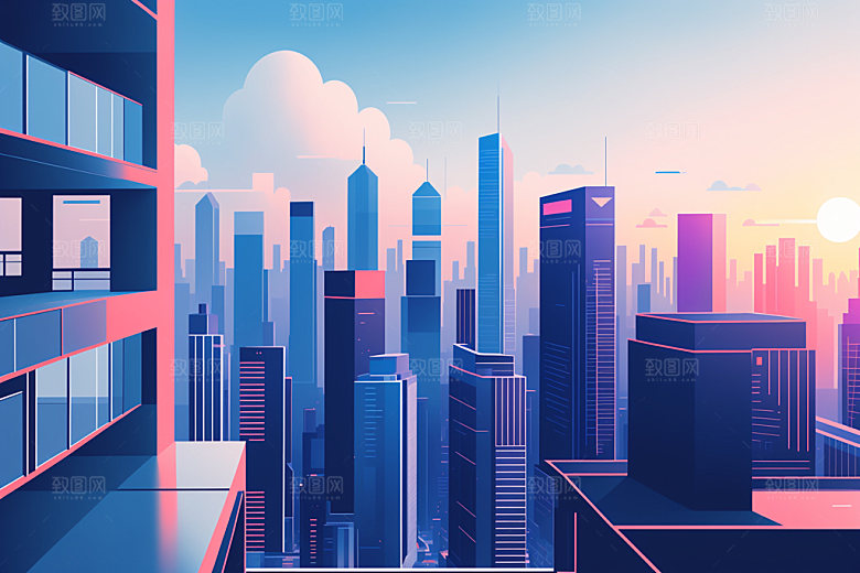 城市美式楼房插画